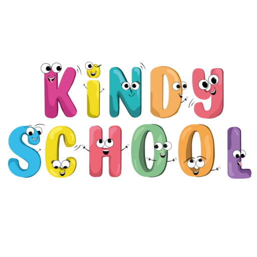 Logo de Kindy School avec des lettres colorées et des visages souriants, représentant une ambiance amusante et éducative